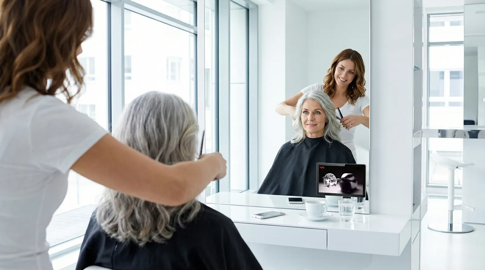 Frau, 60 im Coiffeursalon, auf dem Screen der Spot von bamix