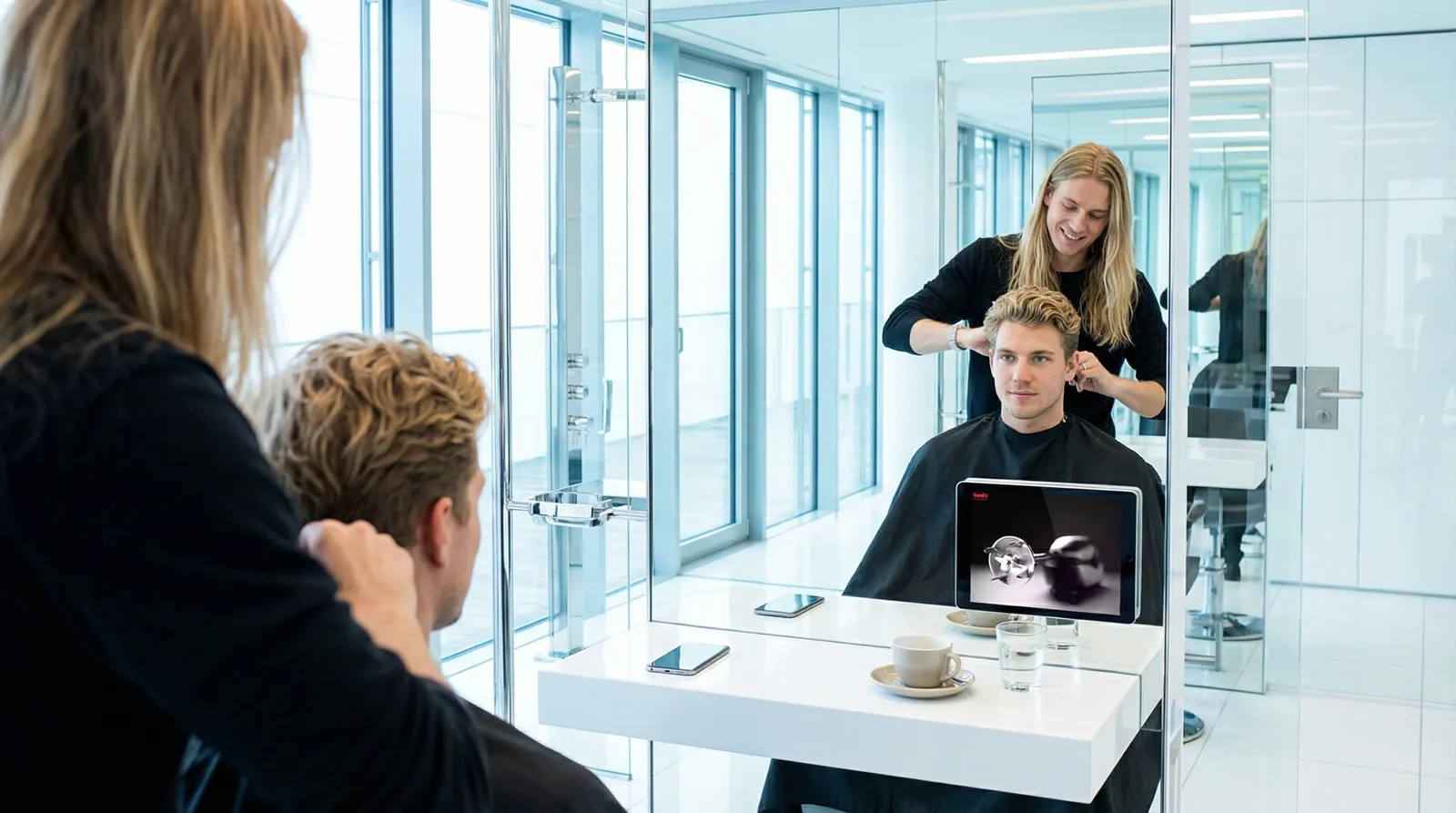 Mann, 20 im Coiffeursalon, auf dem Screen der Spot von bamix