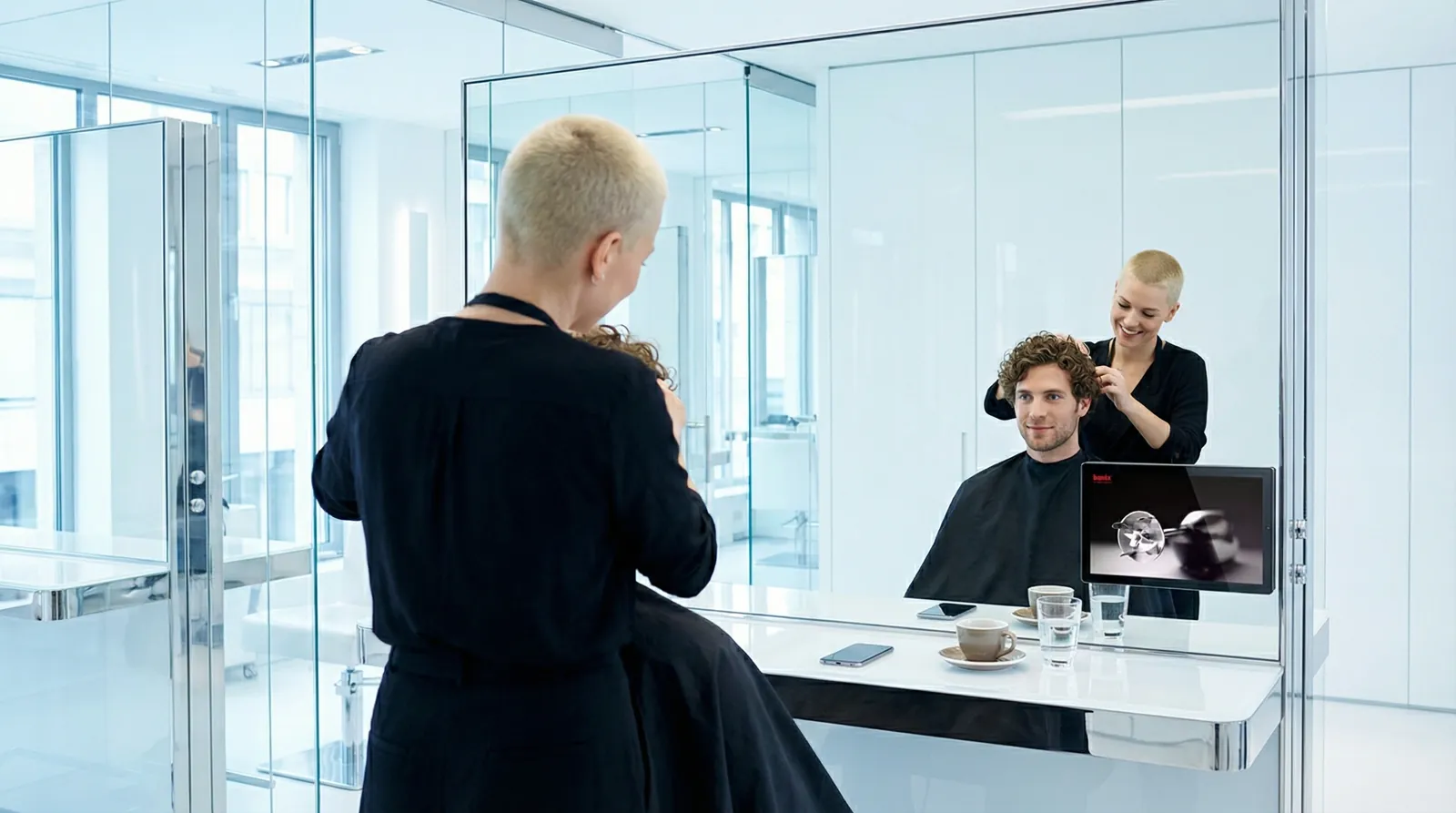 Mann, 30 im Coiffeursalon, auf dem Screen der Spot von bamix