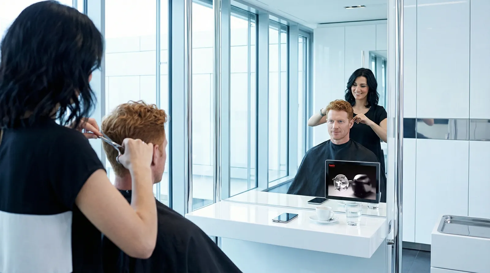 Mann, 40 im Coiffeursalon, auf dem Screen der Spot von bamix