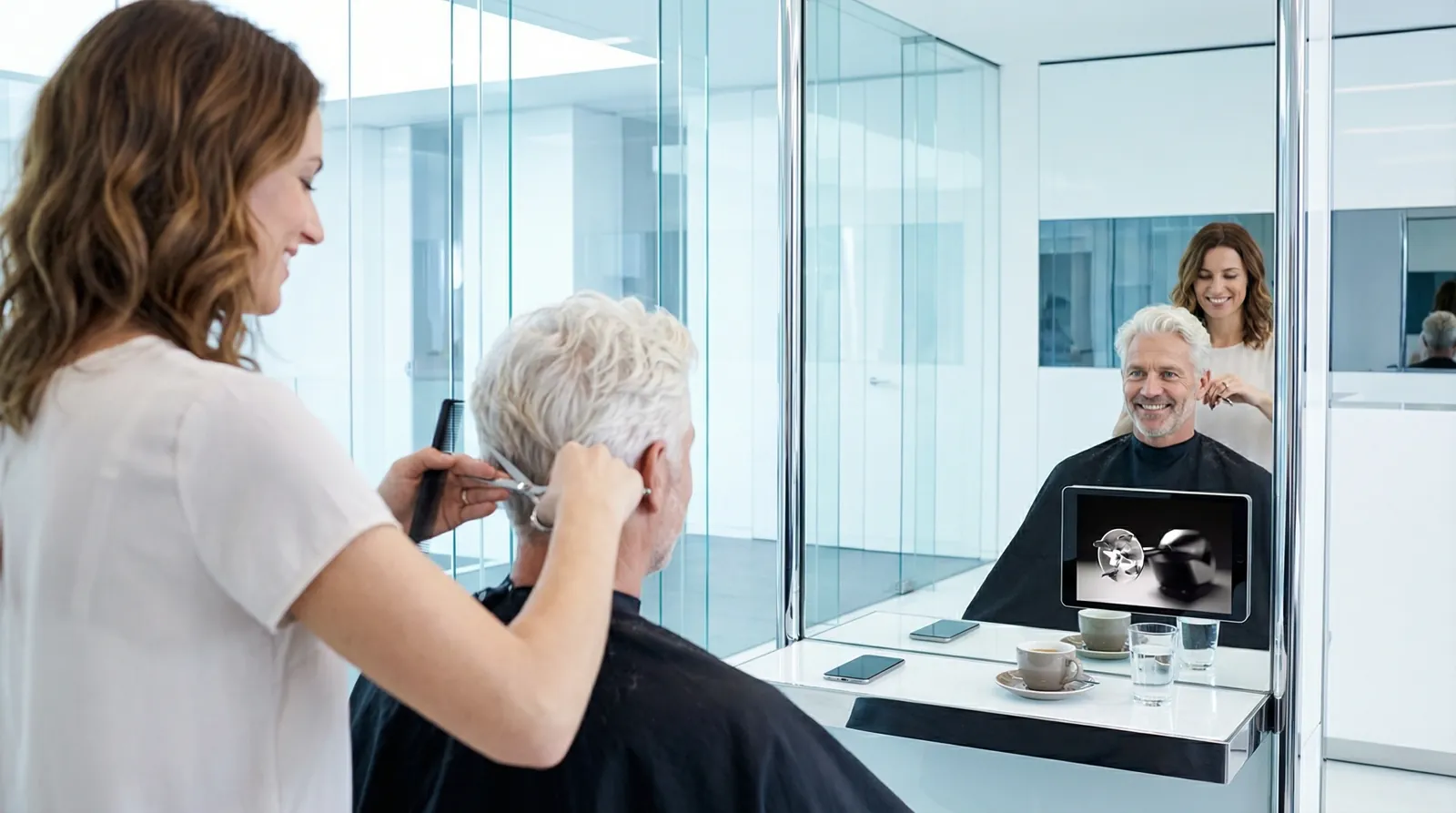 Mann, 50 im Coiffeursalon, auf dem Screen der Spot von bamix