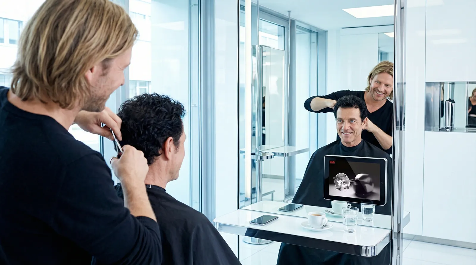 Mann, 60 im Coiffeursalon, auf dem Screen der Spot von bamix