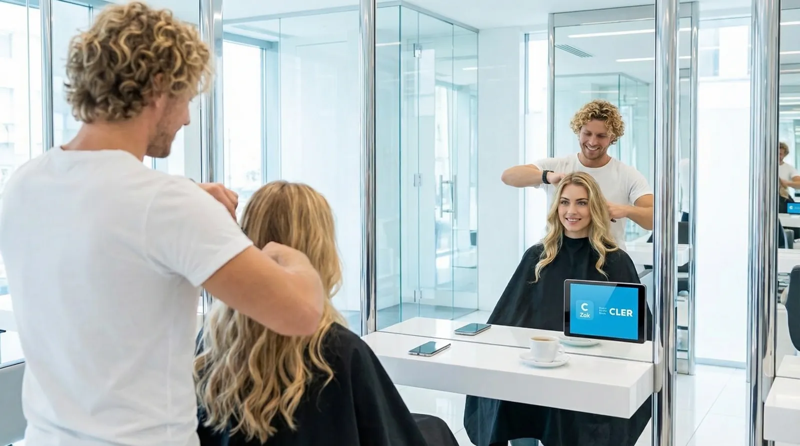 Frau, 20 im Coiffeursalon, auf dem Screen der Spot von Bank Cler