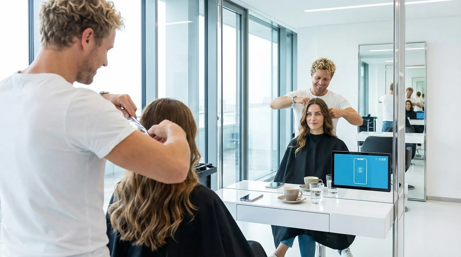 Frau, 30 im Coiffeursalon, auf dem Screen der Spot von Bank Cler