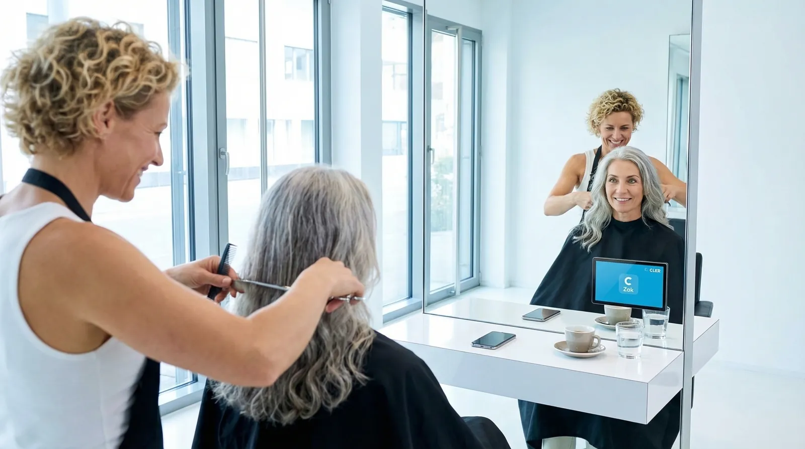 Frau, 50 im Coiffeursalon, auf dem Screen der Spot von Bank Cler