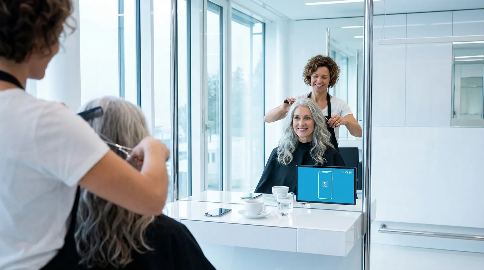 Frau, 60 im Coiffeursalon, auf dem Screen der Spot von Bank Cler