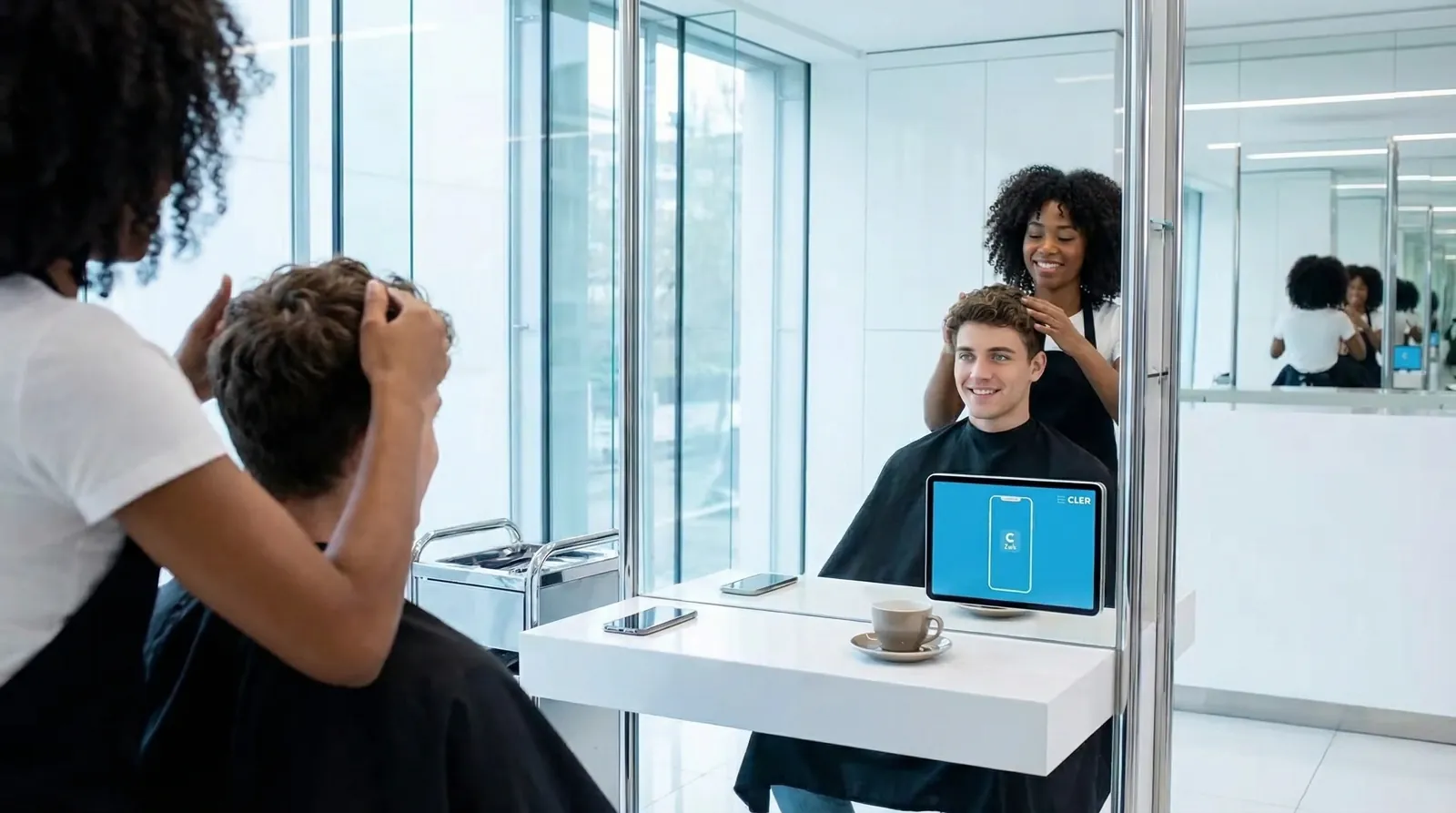 Mann, 20 im Coiffeursalon, auf dem Screen der Spot von Bank Cler