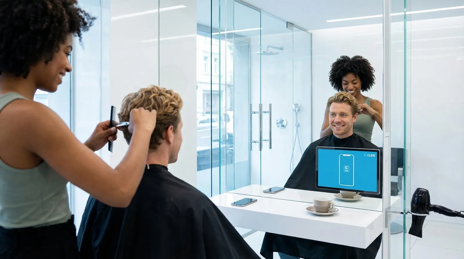 Mann, 30 im Coiffeursalon, auf dem Screen der Spot von Bank Cler