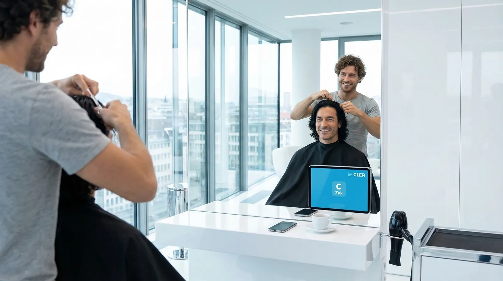 Mann, 40 im Coiffeursalon, auf dem Screen der Spot von Bank Cler