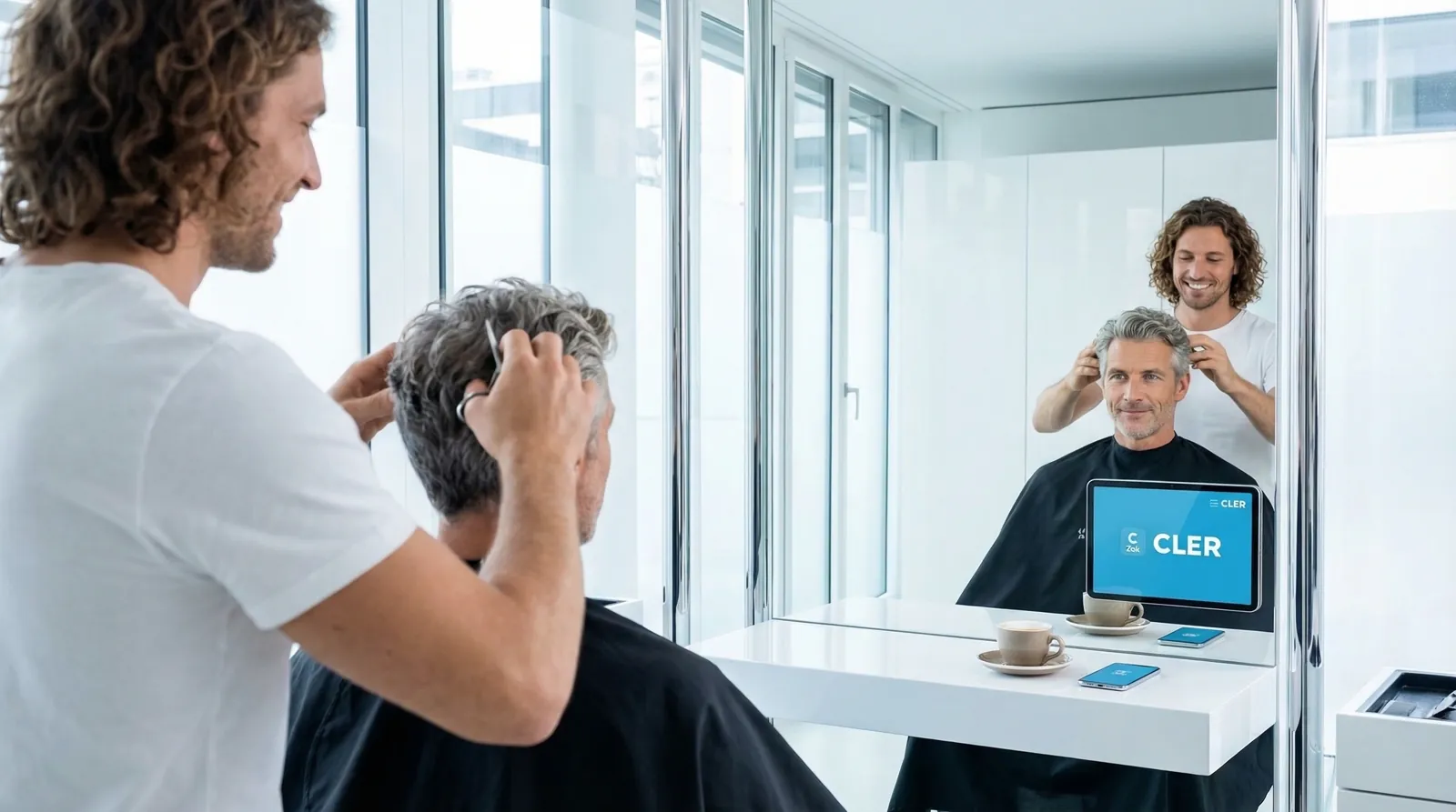 Mann, 50 im Coiffeursalon, auf dem Screen der Spot von Bank Cler