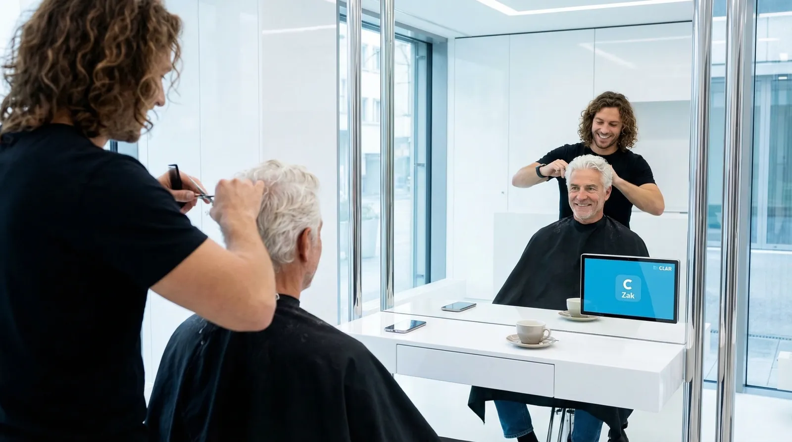 Mann, 60 im Coiffeursalon, auf dem Screen der Spot von Bank Cler