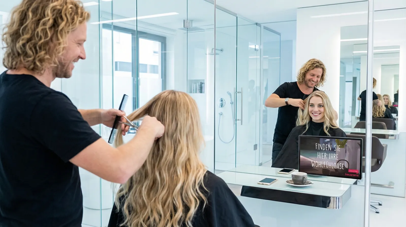 Frau, 20 im Coiffeursalon, auf dem Screen die Werbung von Bauarena