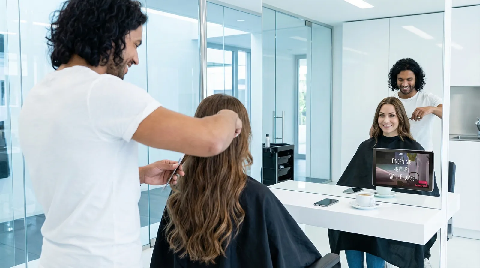 Frau, 30 im Coiffeursalon, auf dem Screen die Werbung von Bauarena