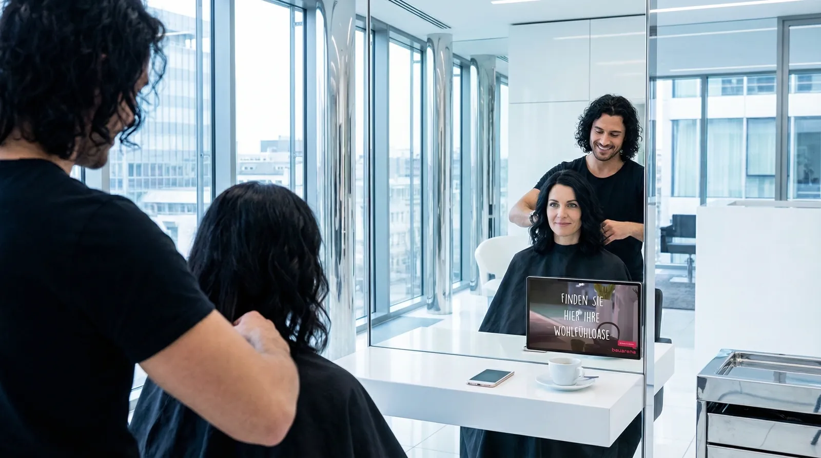 Frau, 40 im Coiffeursalon, auf dem Screen die Werbung von Bauarena