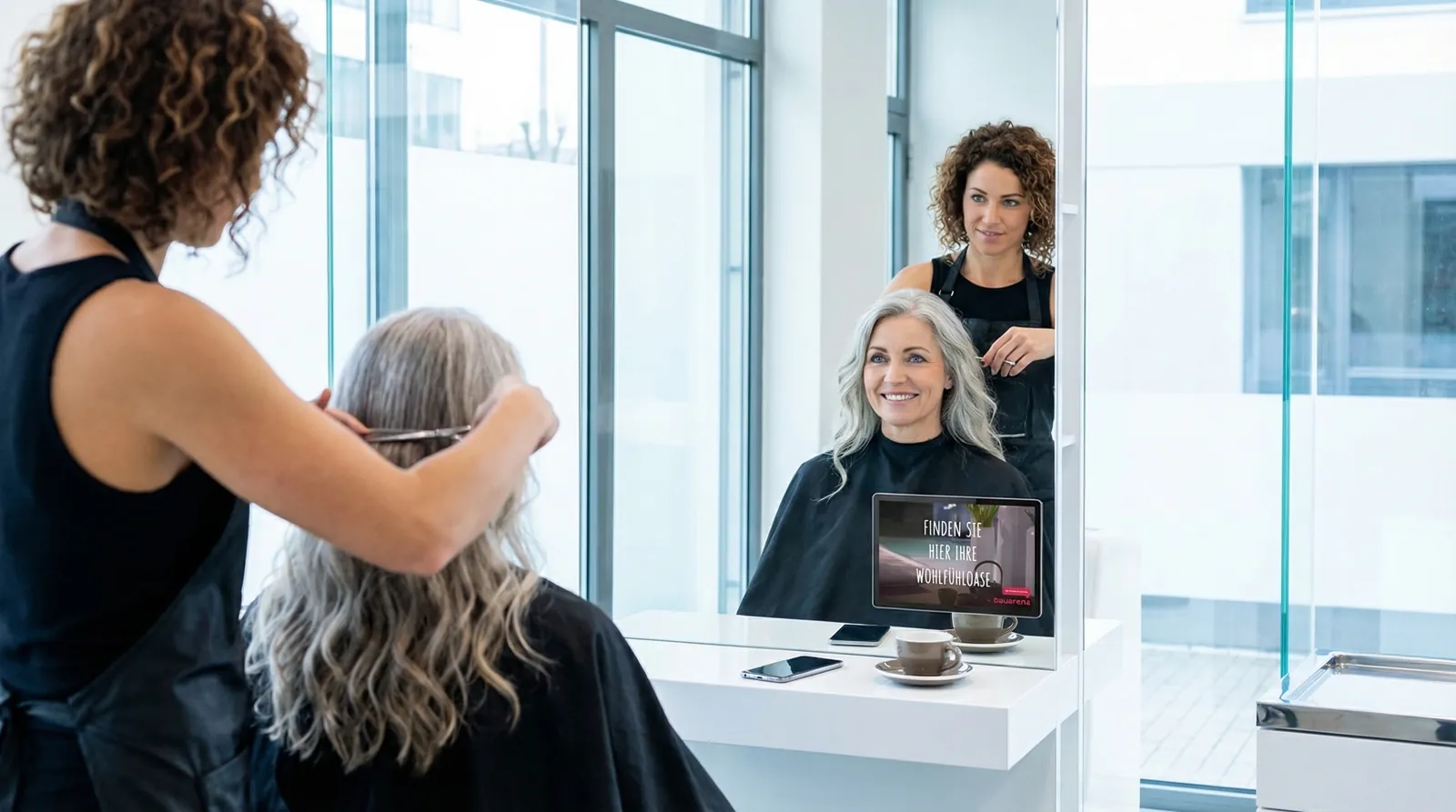 Frau, 50 im Coiffeursalon, auf dem Screen die Werbung von Bauarena