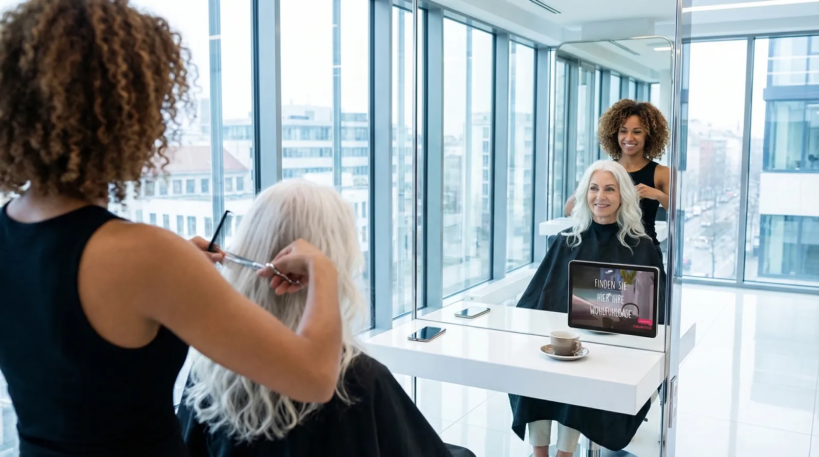 Frau, 60 im Coiffeursalon, auf dem Screen die Werbung von Bauarena
