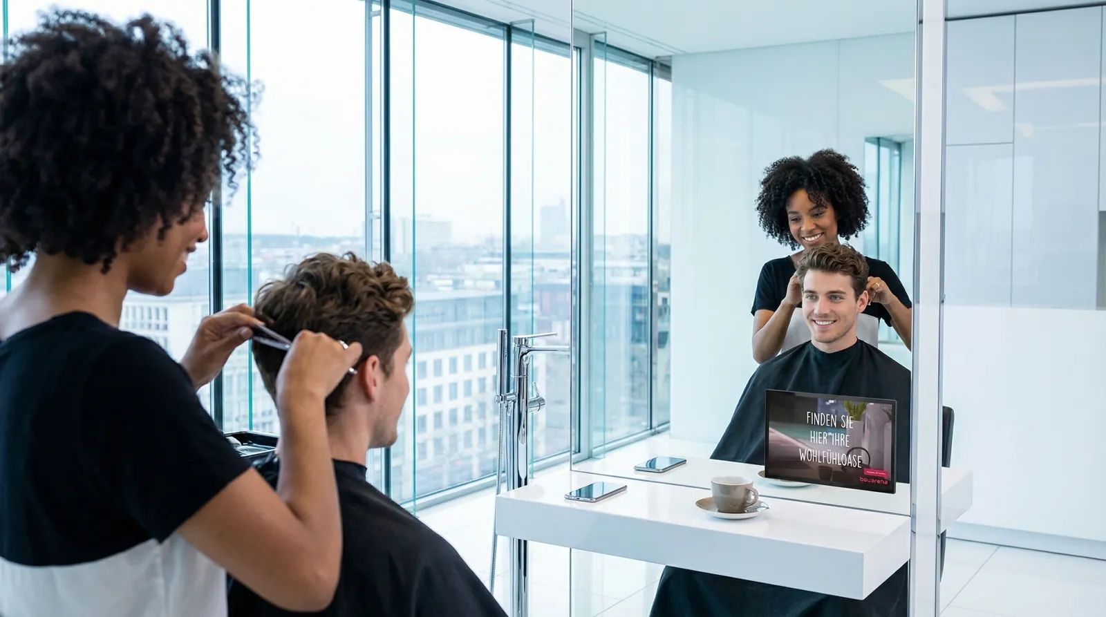 Mann, 20 im Coiffeursalon, auf dem Screen die Werbung von Bauarena