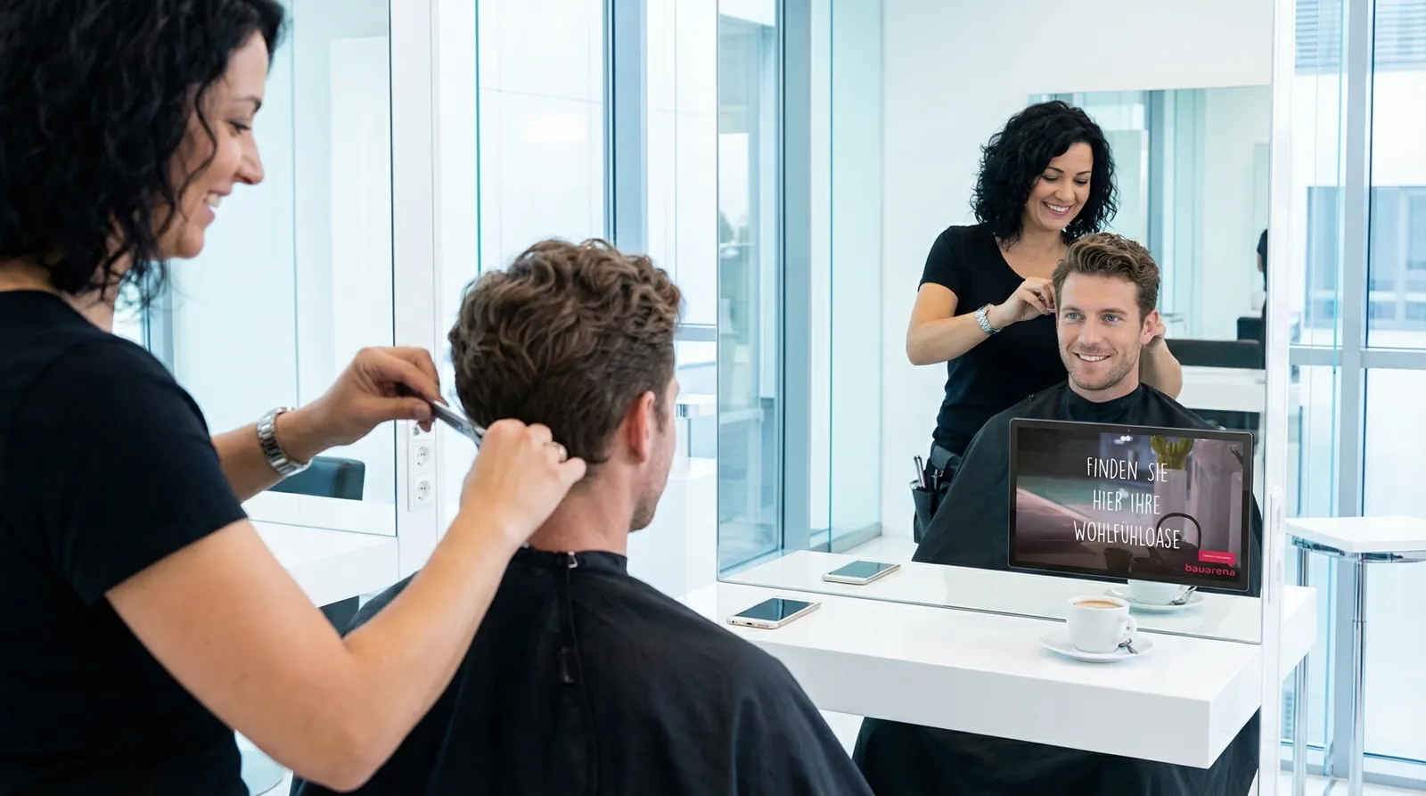 Mann, 30 im Coiffeursalon, auf dem Screen der Spot von Bauarena
