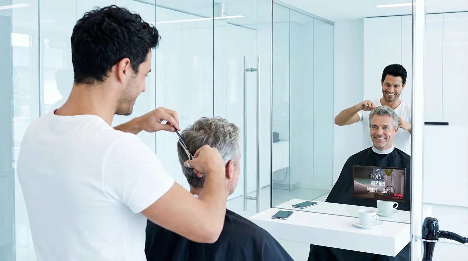 Mann, 50 im Coiffeursalon, auf dem Screen der Spot von Bauarena