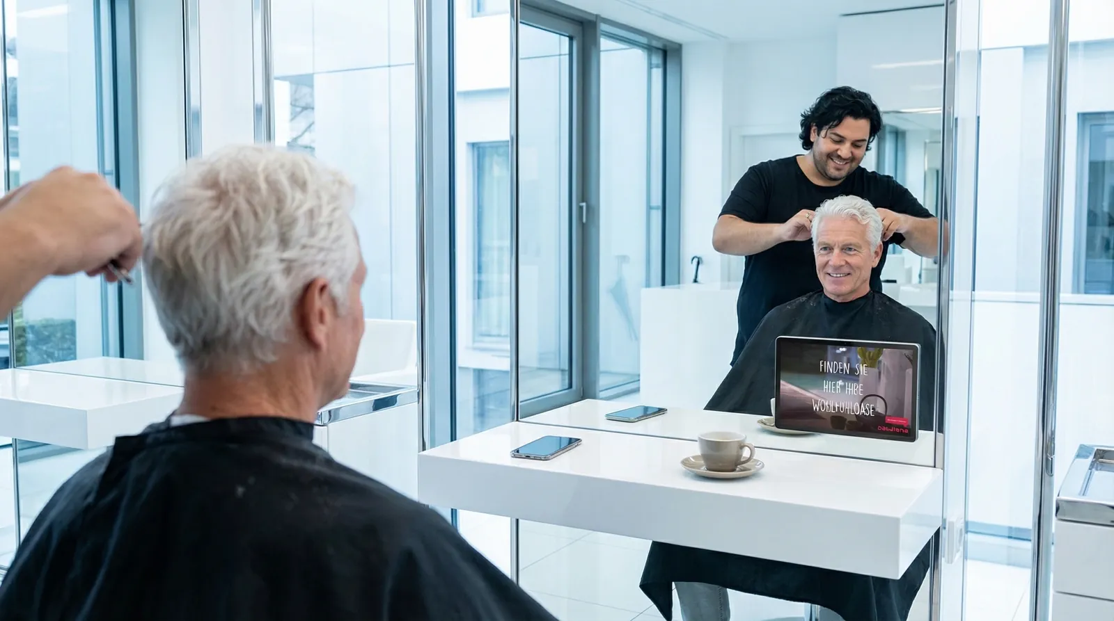 Mann, 60 im Coiffeursalon, auf dem Screen der Spot von Bauarena