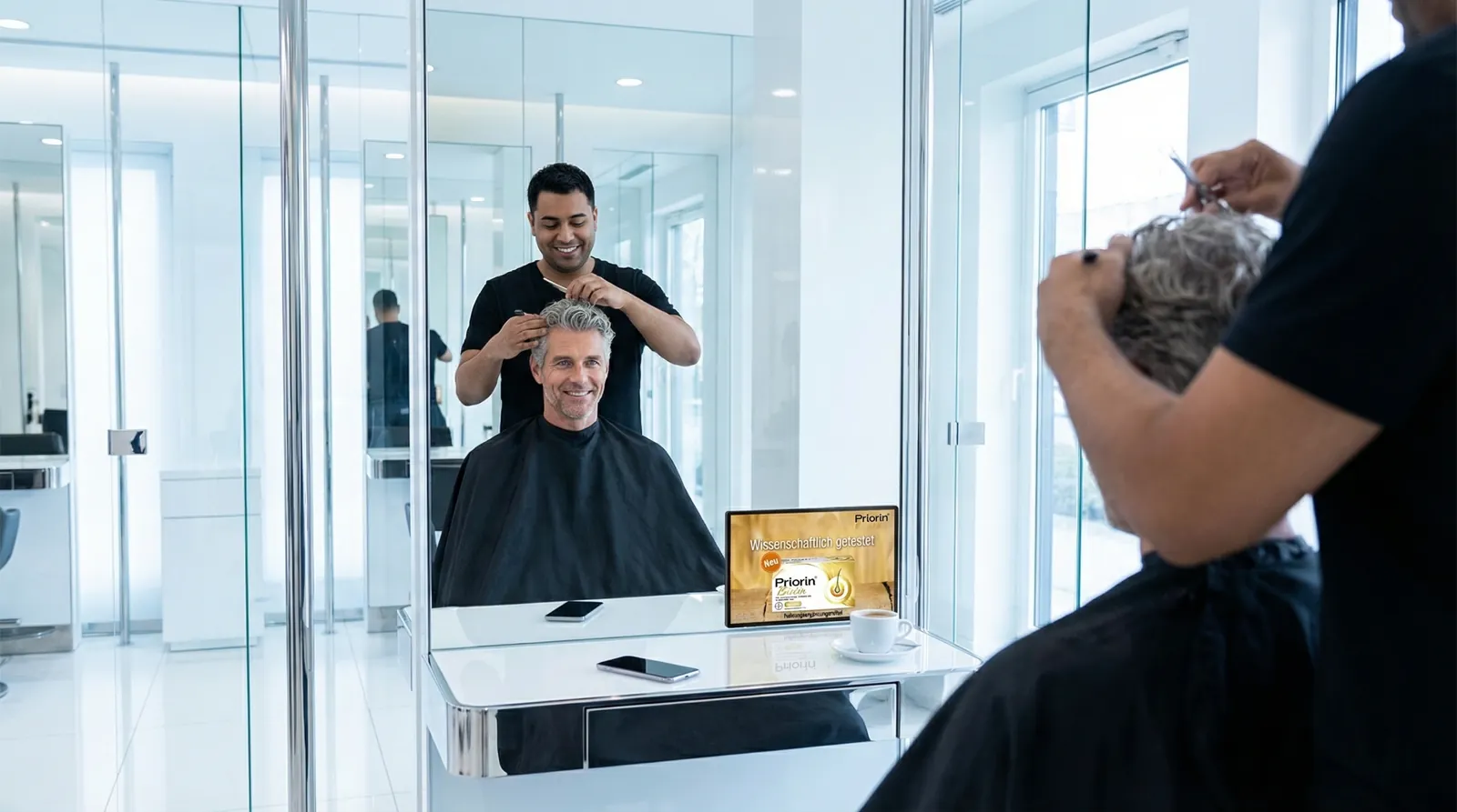Mann, 50 im Coiffeursalon, auf dem Screen der Spot von Bayer