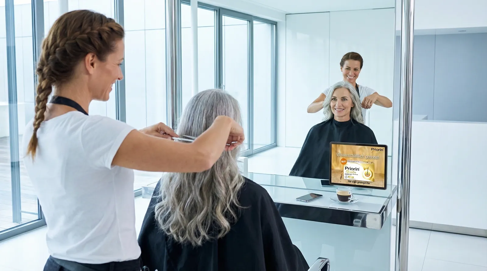 Mann, 60 im Coiffeursalon, auf dem Screen der Spot von Bayer