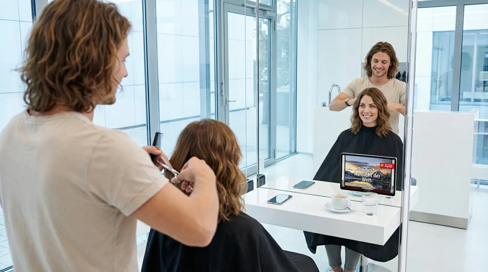 Frau, 30 im Coiffeursalon, auf dem Screen die Werbung von Berina Express