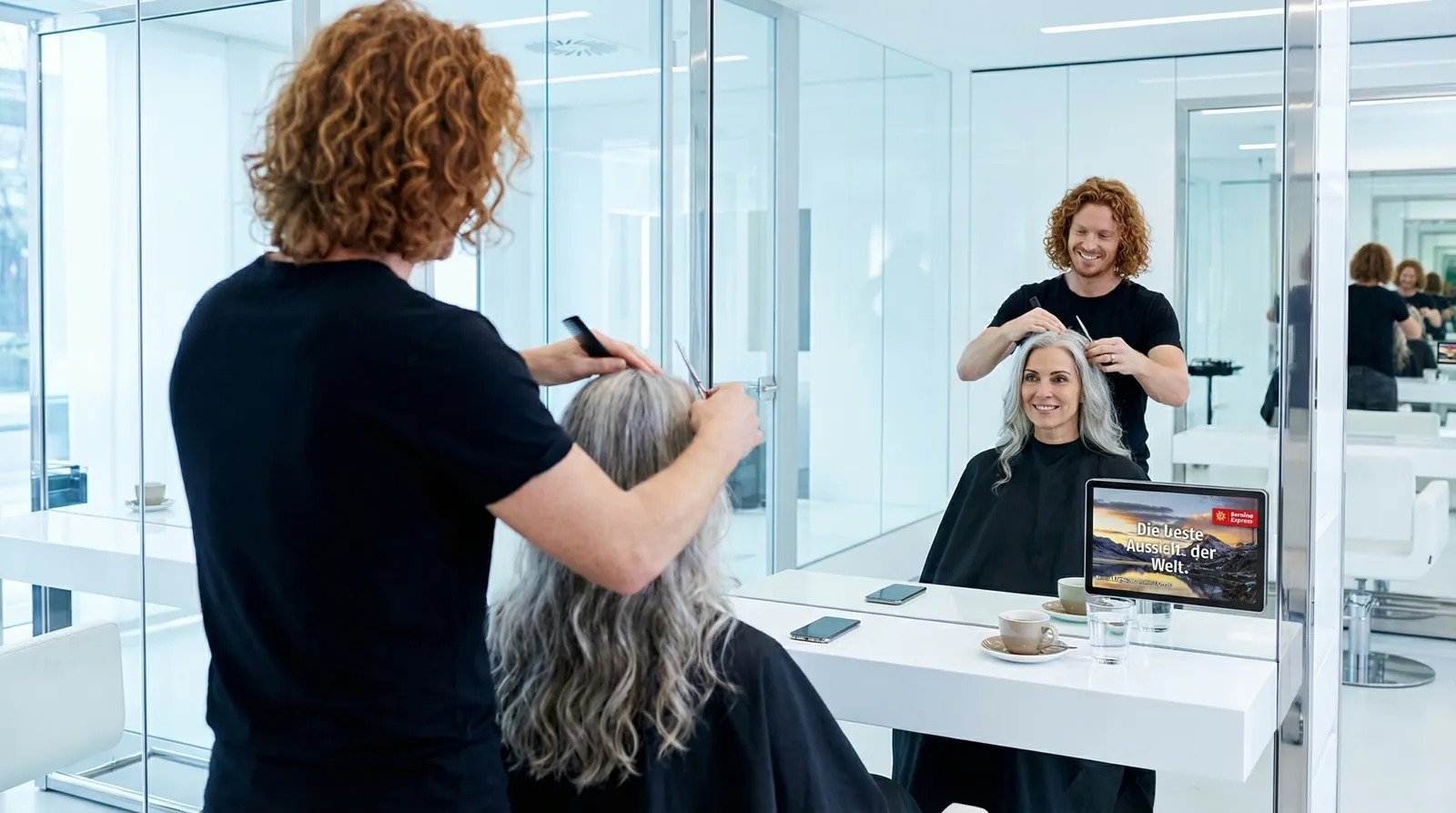 Frau, 50 im Coiffeursalon, auf dem Screen die Werbung von Berina Express