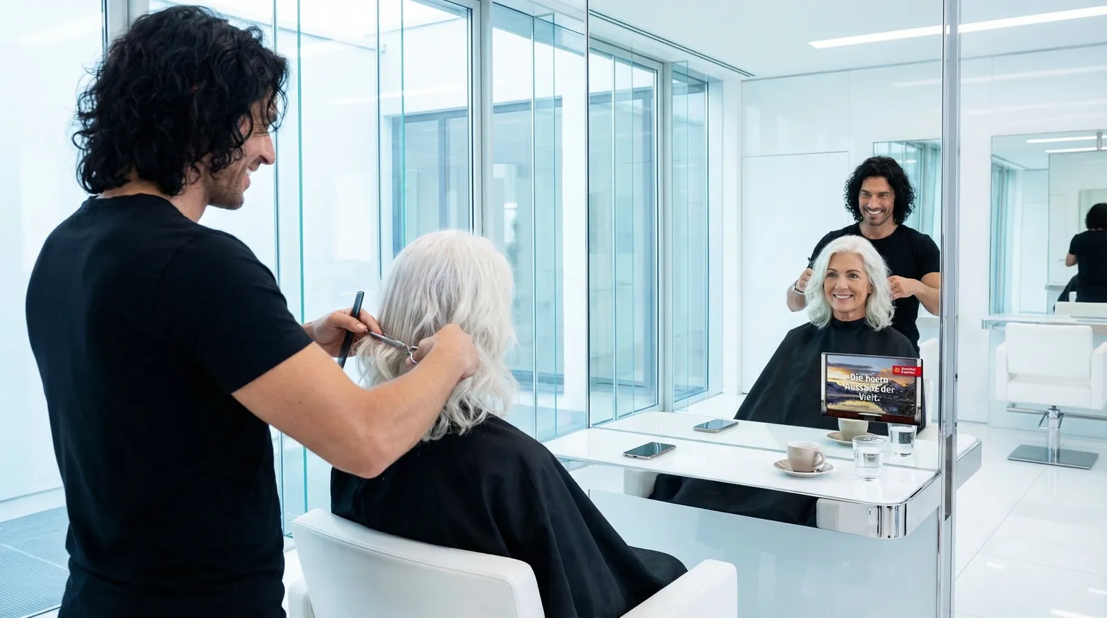 Frau, 60 im Coiffeursalon, auf dem Screen die Werbung von Berina Express