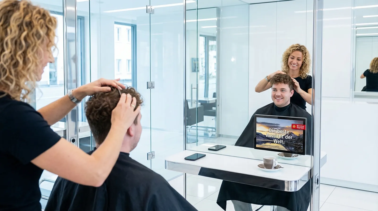 Mann, 20 im Coiffeursalon, auf dem Screen die Werbung von Berina Express