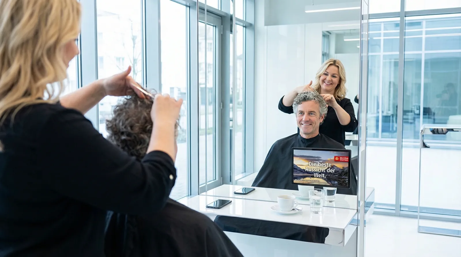 Mann, 50 im Coiffeursalon, auf dem Screen der Spot von Berina Express
