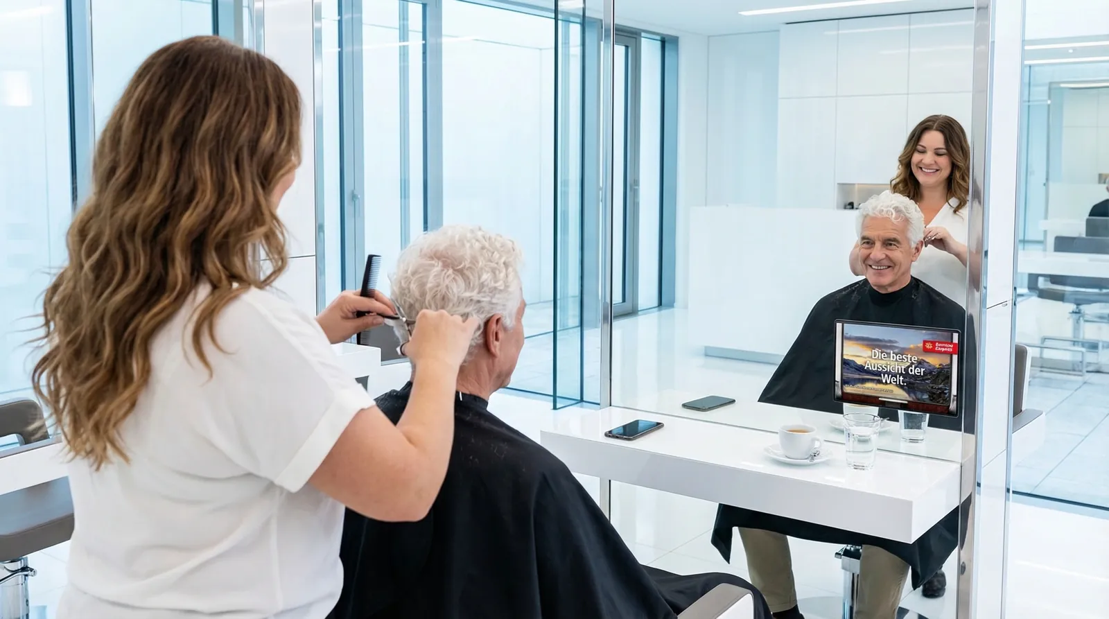 Mann, 60 im Coiffeursalon, auf dem Screen der Spot von Berina Express