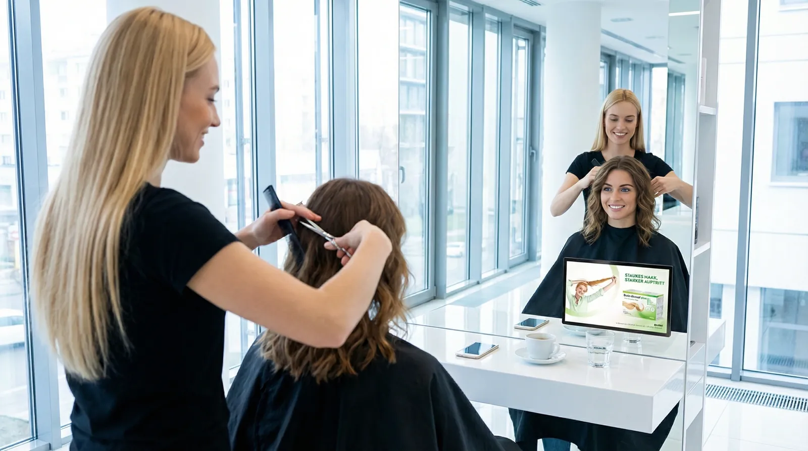 Frau, 20 im Coiffeursalon, auf dem Screen der Spot von Biotin-Biomed