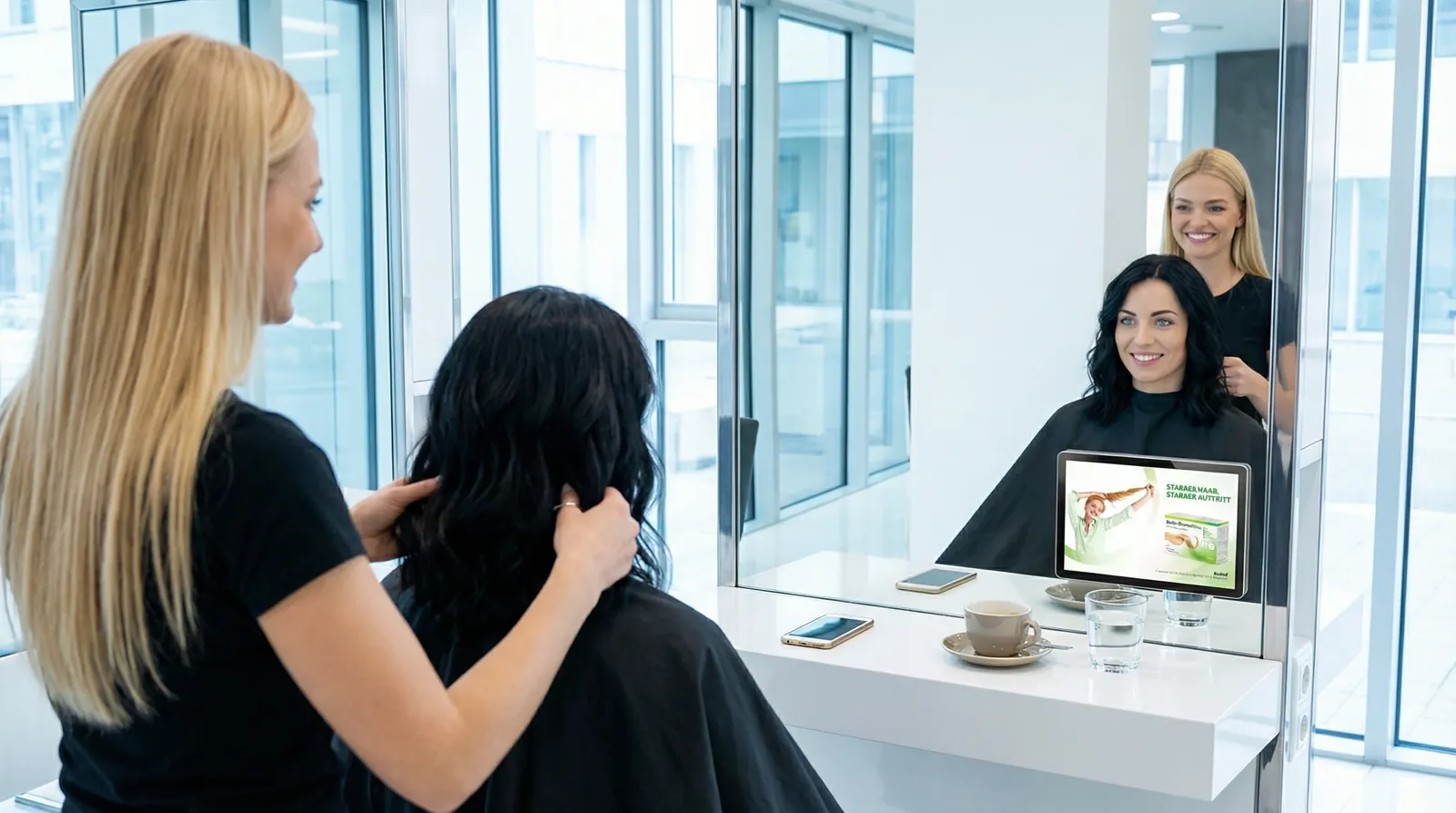 Frau, 30 im Coiffeursalon, auf dem Screen der Spot von Biotin-Biomed