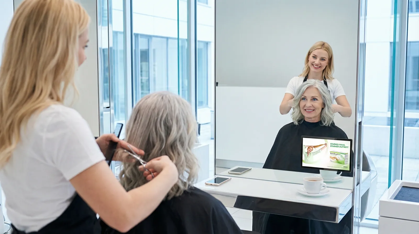 Frau, 60 im Coiffeursalon, auf dem Screen der Spot von Biotin-Biomed