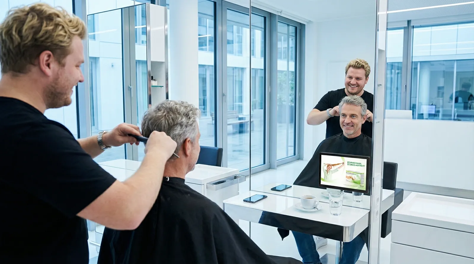Mann, 50 im Coiffeursalon, auf dem Screen der Spot von Biotin-Biomed