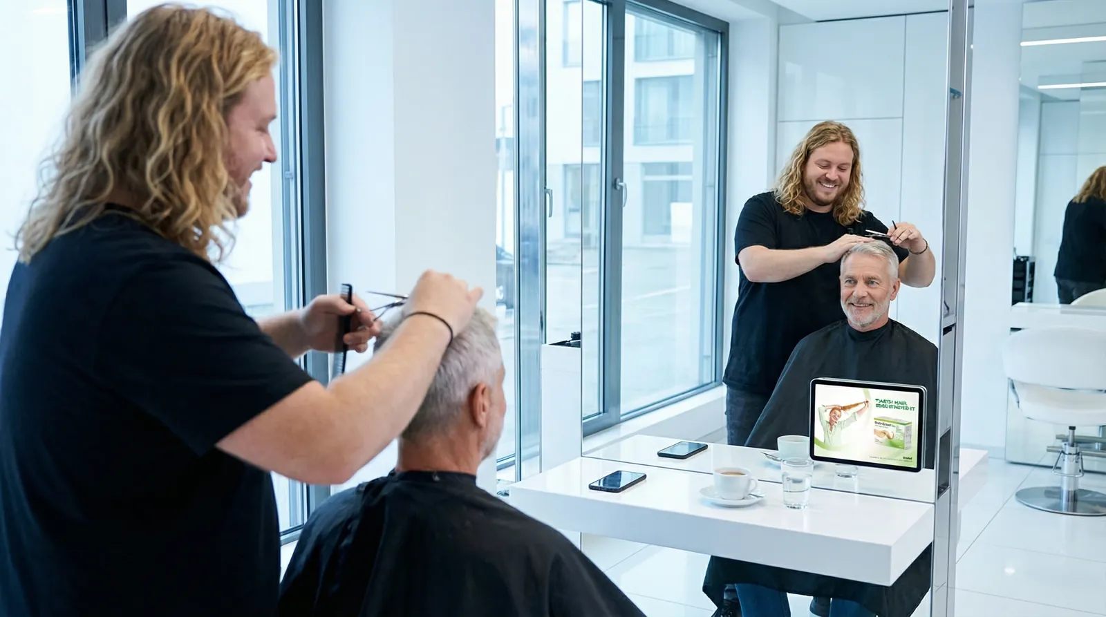 Mann, 60 im Coiffeursalon, auf dem Screen der Spot von Biotin-Biomed