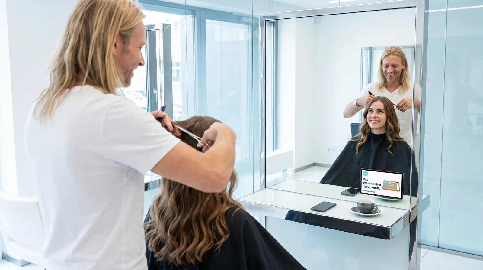 Frau, 20 im Coiffeursalon, auf dem Screen der Spot von bluu