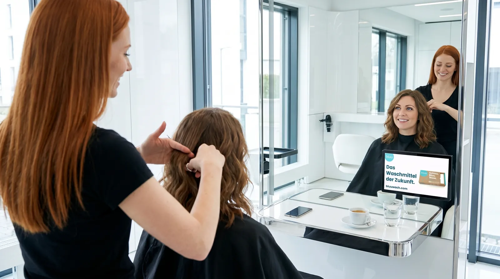 Frau, 30 im Coiffeursalon, auf dem Screen der Spot von bluu