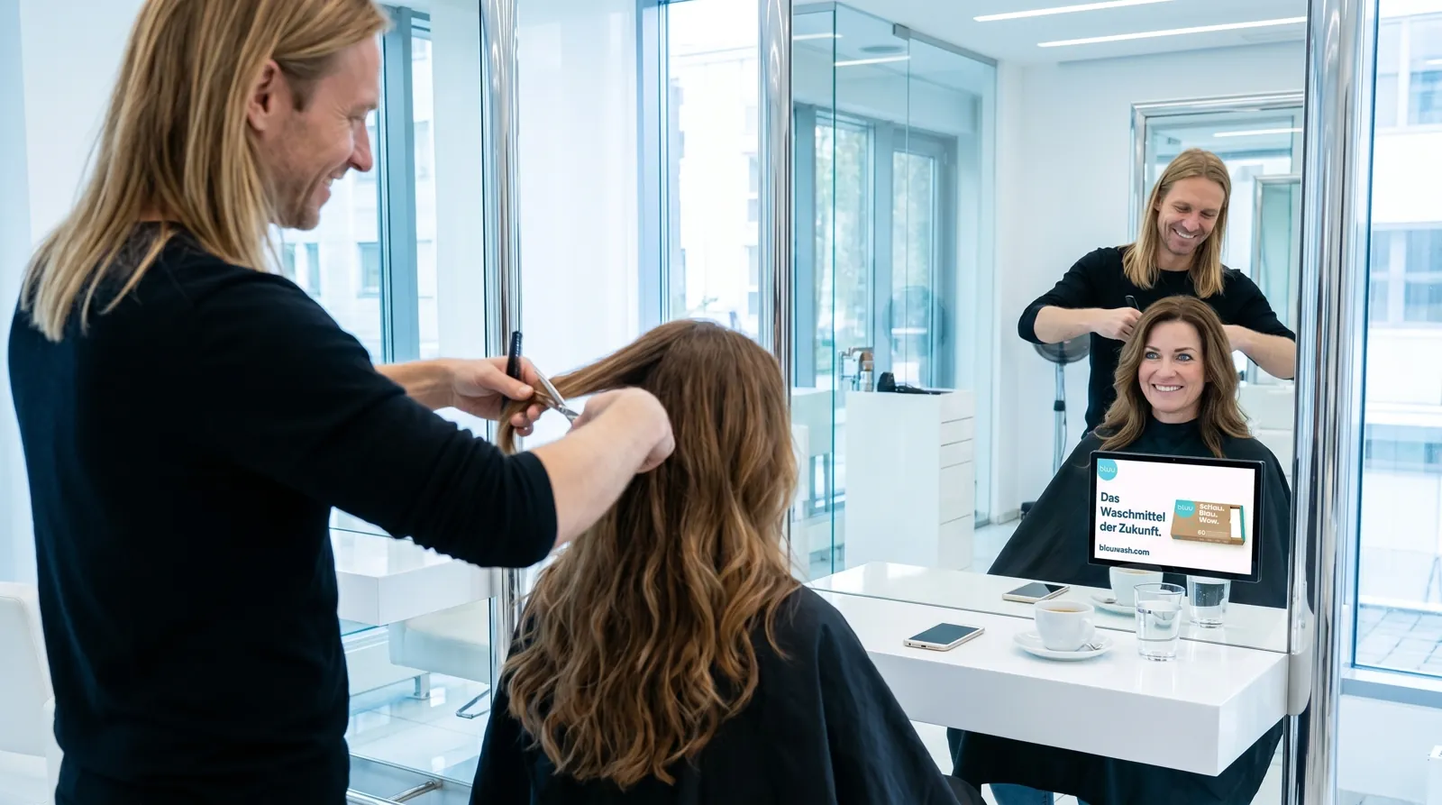 Frau, 40 im Coiffeursalon, auf dem Screen der Spot von bluu