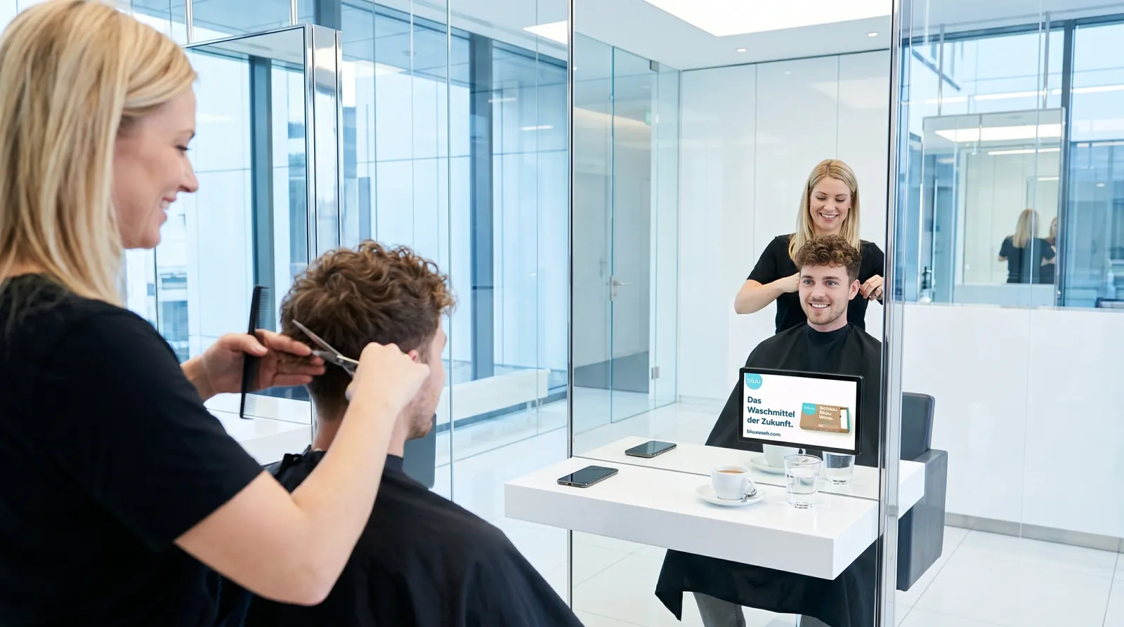 Mann, 20 im Coiffeursalon, auf dem Screen der Spot von bluu