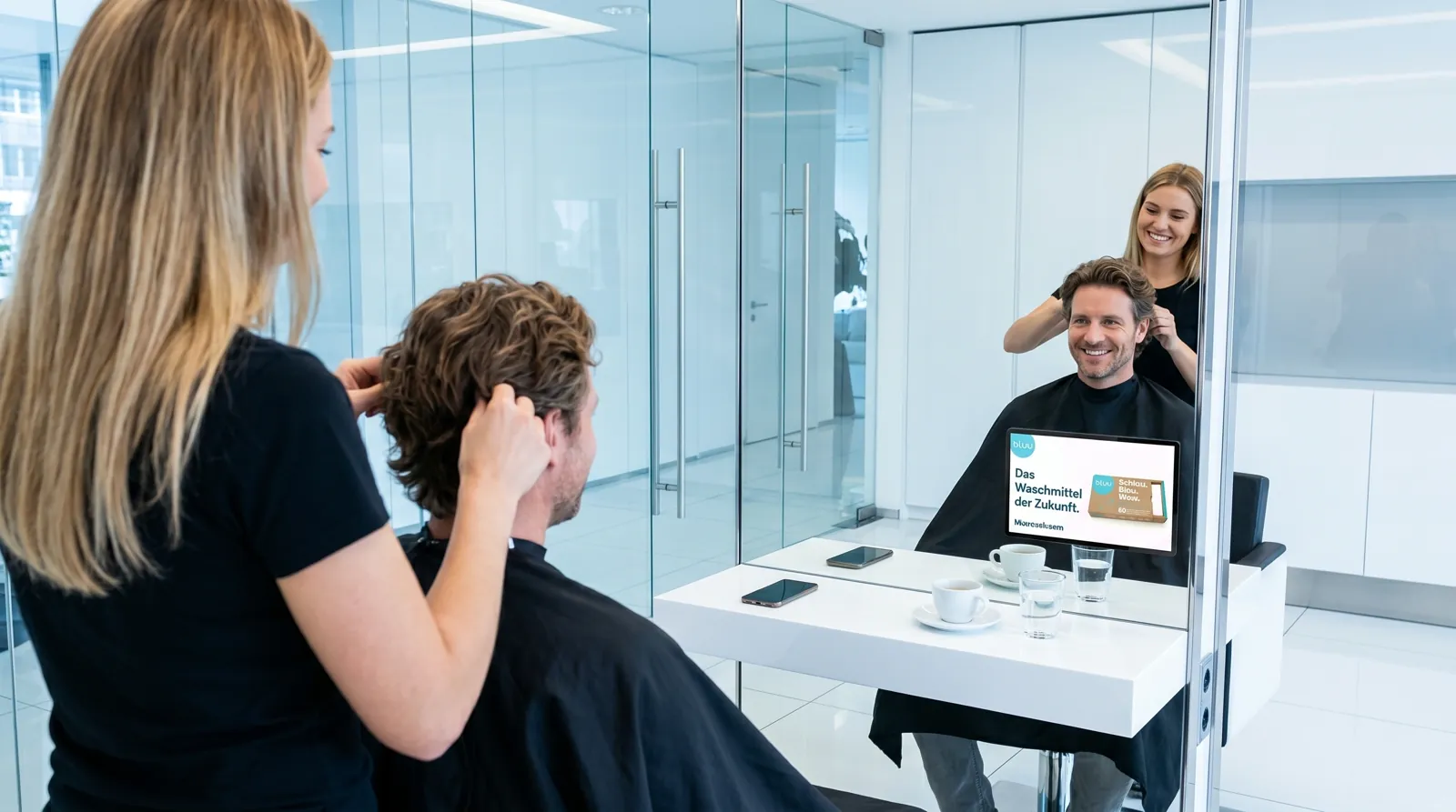 Mann, 40 im Coiffeursalon, auf dem Screen der Spot von bluu