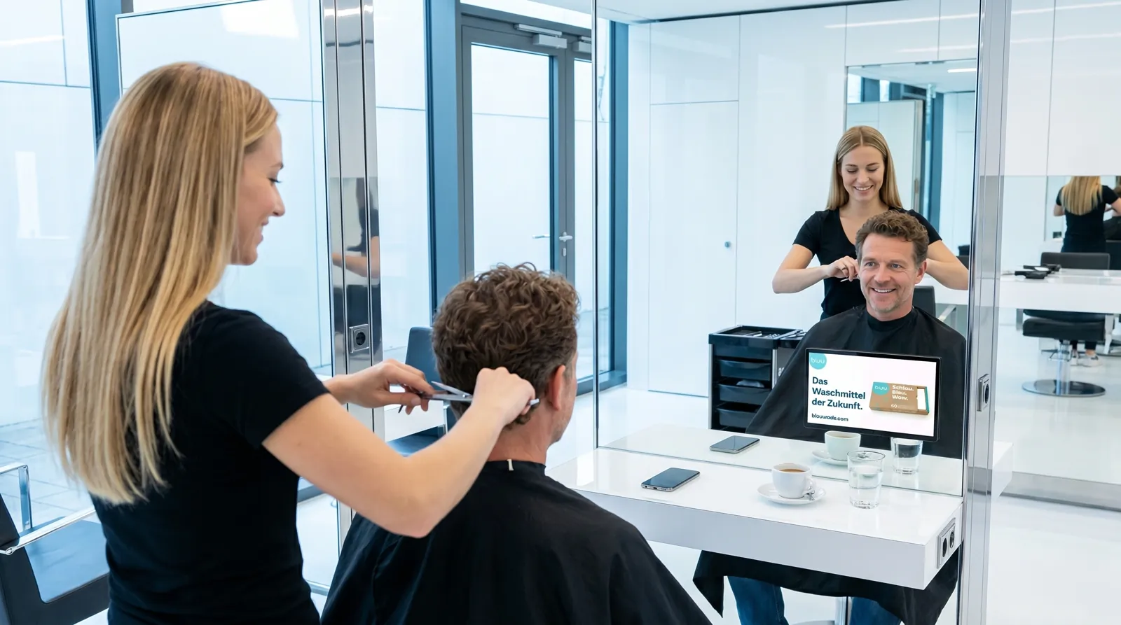 Mann, 50 im Coiffeursalon, auf dem Screen der Spot von bluu
