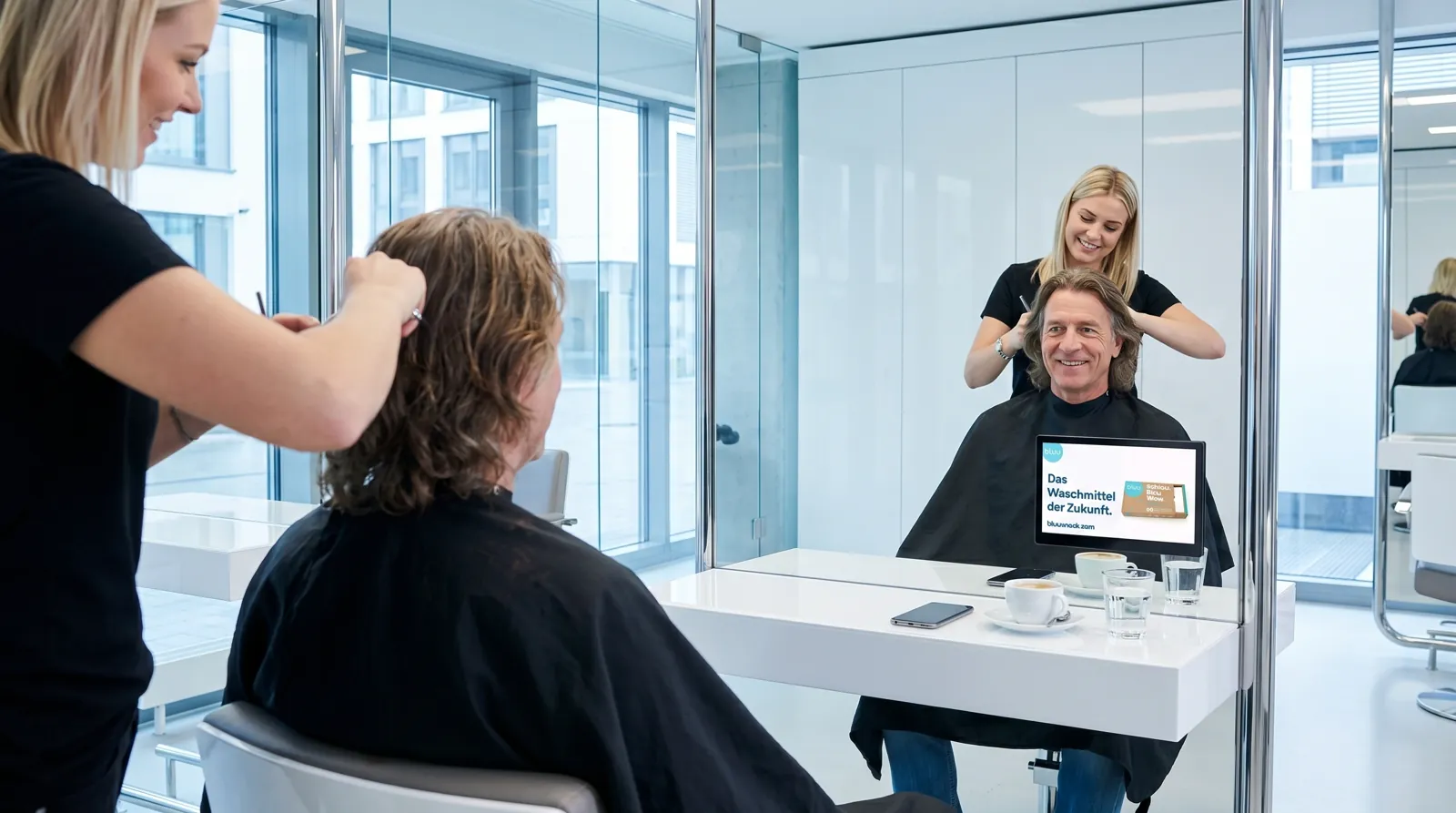Mann, 60 im Coiffeursalon, auf dem Screen der Spot von bluu