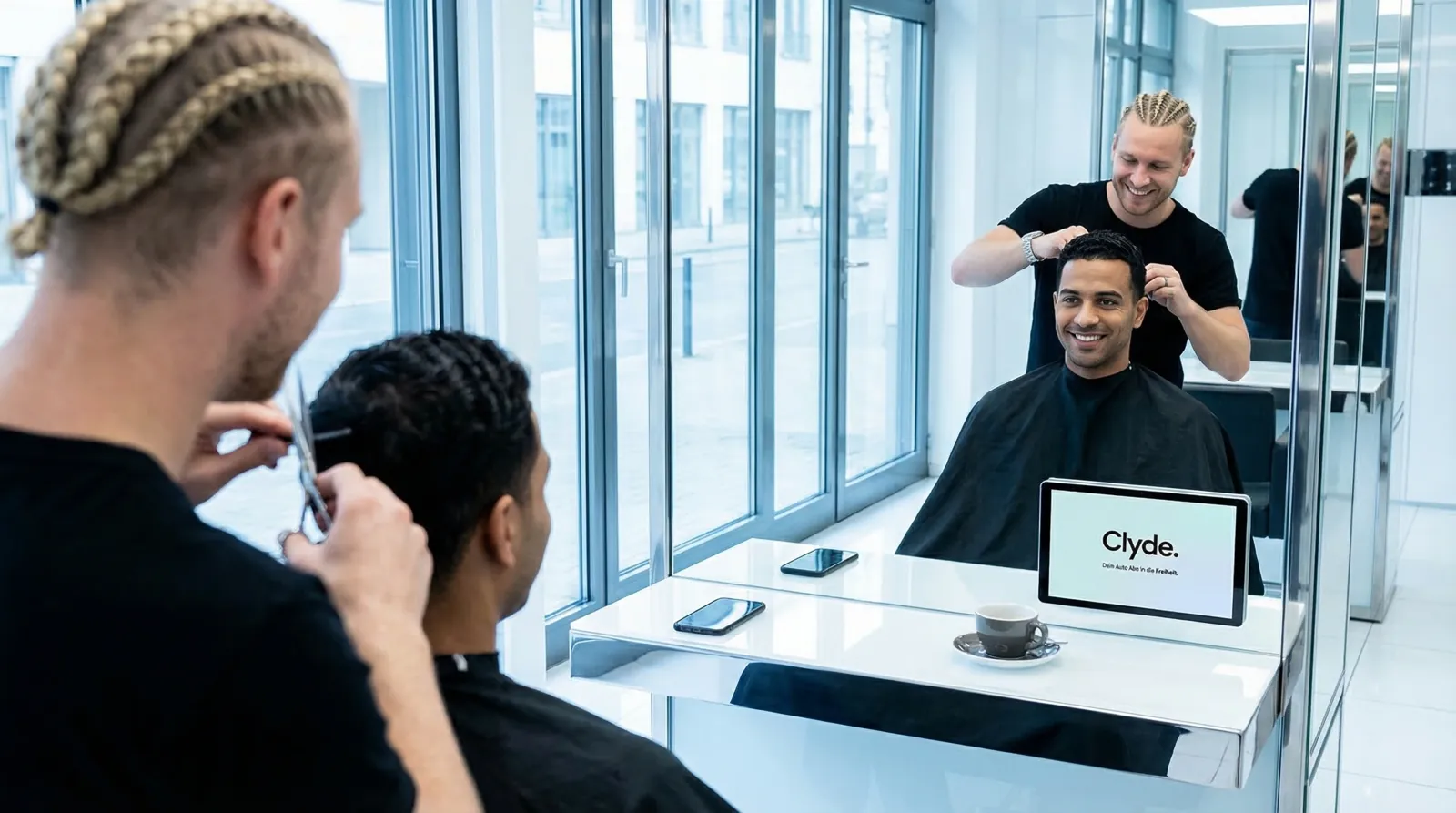 Mann, 30 im Coiffeursalon, auf dem Screen der Spot von Clyde