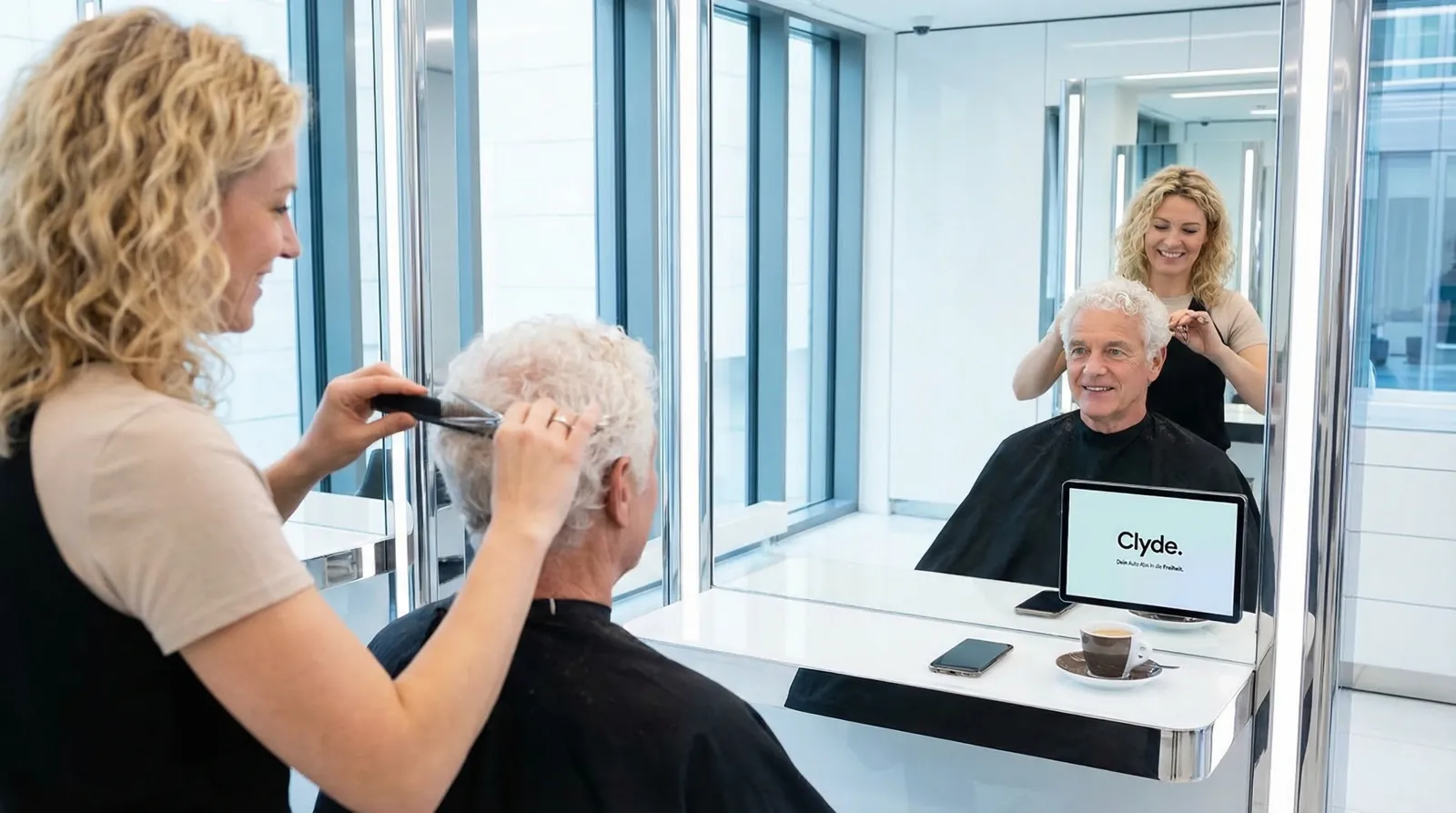 Mann, 60 im Coiffeursalon, auf dem Screen der Spot von Clyde