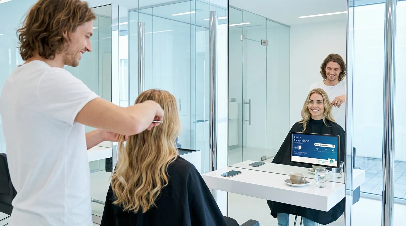 Frau, 20 im Coiffeursalon, auf dem Screen der Spot von CSS Versicherung