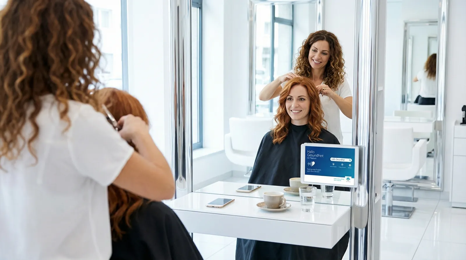 Frau, 30 im Coiffeursalon, auf dem Screen der Spot von CSS Versicherung