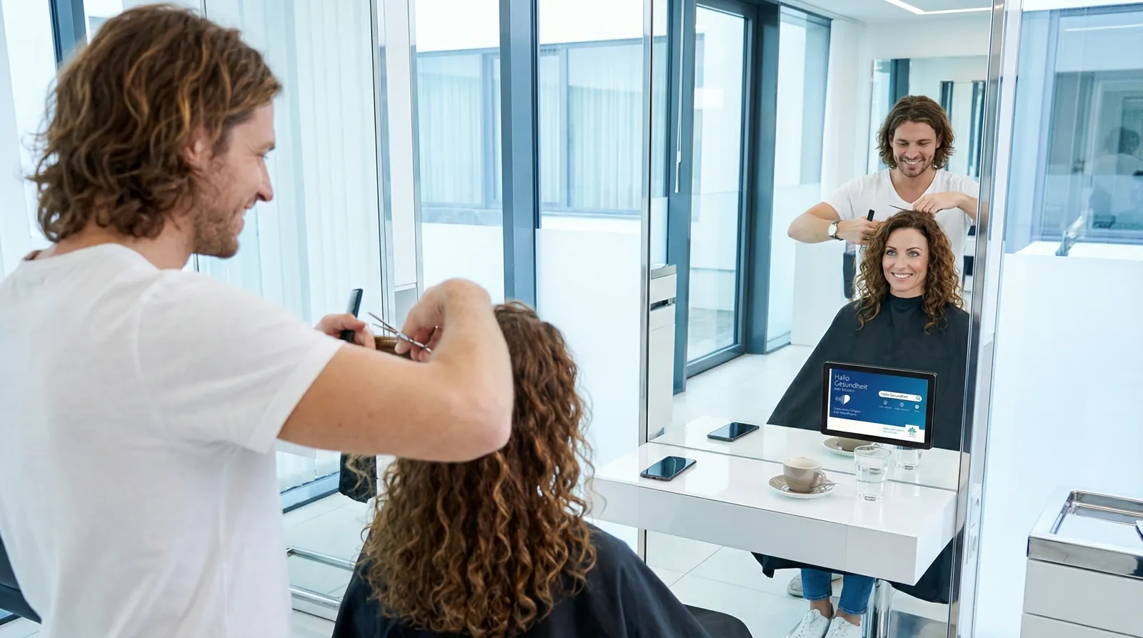 Frau, 40 im Coiffeursalon, auf dem Screen der Spot von CSS Versicherung