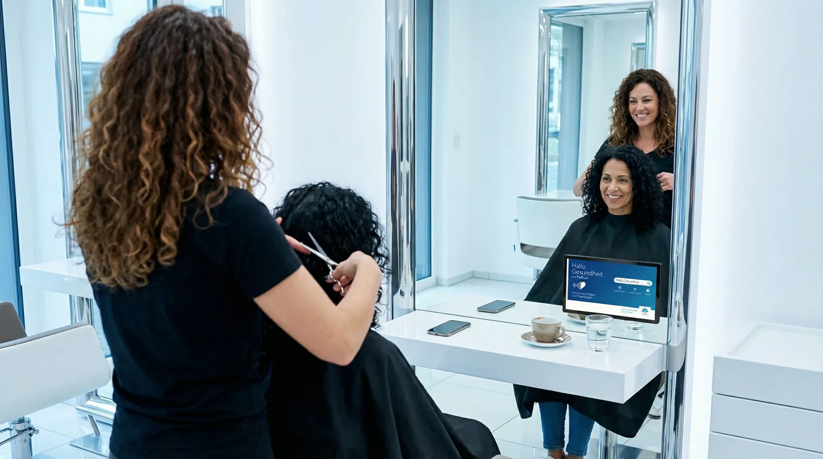 Frau, 50 im Coiffeursalon, auf dem Screen der Spot von CSS Versicherung